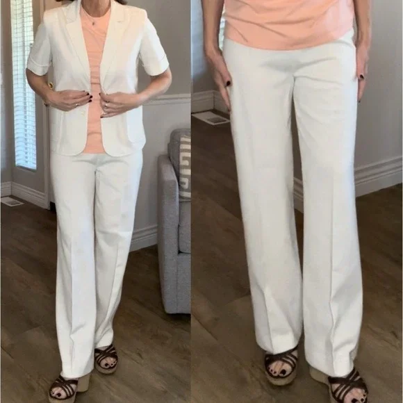 Retro Vintage Power Suit White 70s Wide Leg Pantsuit Short Sleeve Jacket Blazer - Picture 5 of 5